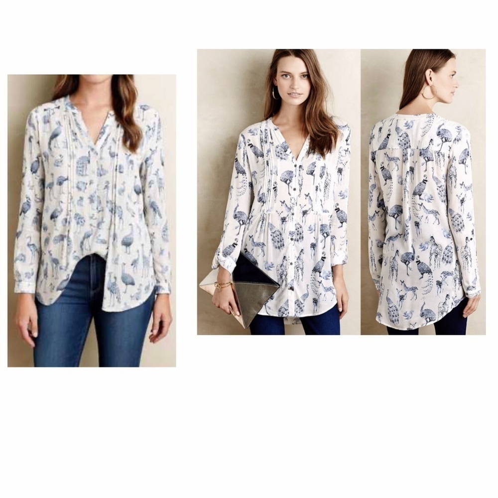 ANTHROPOLOGIE Maeve Fauna Animal Print Long Sleeve Button Front Tunic Size XS